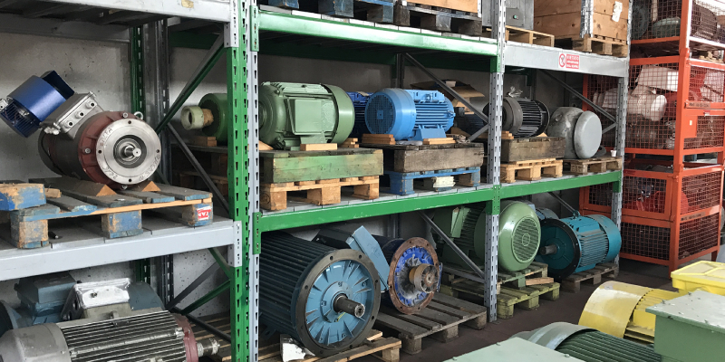 Various pumsets stored in racks in the warehouse